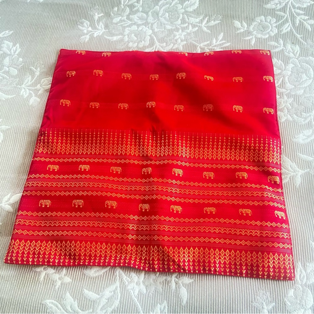 Red Fabric with Gold Elephant Pattern Pillow Case From Thailand